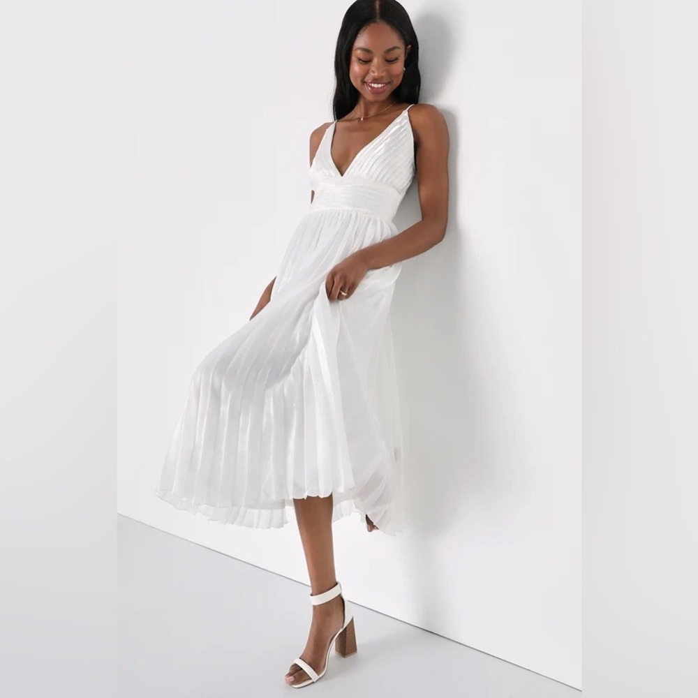 Romantic Aesthetic Shiny White Pleated Midi Dress | Bridal Shower| Rehearsal